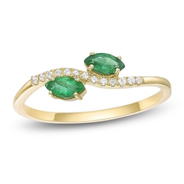 Marquise-Cut Natural Emerald & Diamond Two-Stone Ring 1/15 ct tw 10K Yellow Gold