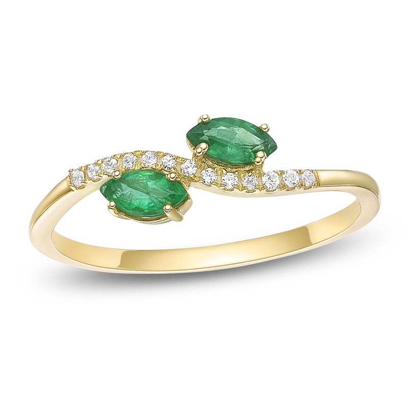 Main Image 1 of Marquise-Cut Natural Emerald & Diamond Two-Stone Ring 1/15 ct tw 10K Yellow Gold