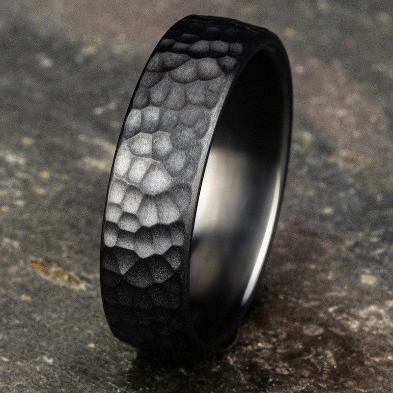 Main Image 4 of Men's Hammered Comfort-Fit Wedding Band Black Titanium 6.5mm