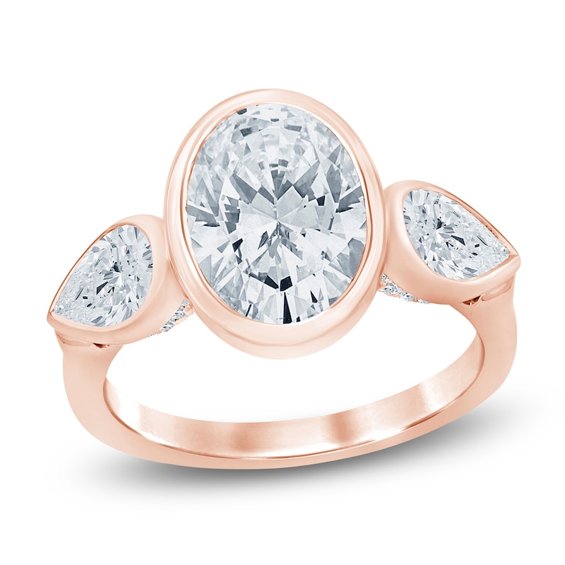 Main Image 1 of Oval-Cut & Pear-Shaped Lab-Grown Diamond Bezel-Set Three-Stone Engagement Ring 4 ct tw 14K Rose Gold