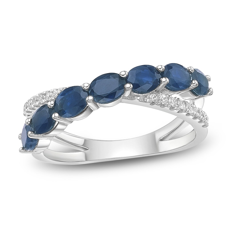 Main Image 1 of Oval-Cut Natural Blue Sapphire & Diamond Crossover Ring 1/10 ct tw 10K White Gold