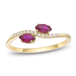 Marquise-Cut Natural Ruby & Diamond Two-Stone Ring 1/15 ct tw 10K Yellow Gold