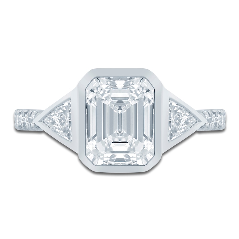 Main Image 3 of Emerald-Cut & Trillion-Cut Bezel-Set Three-Stone Engagement Ring 2-7/8 ct tw 14K White Gold