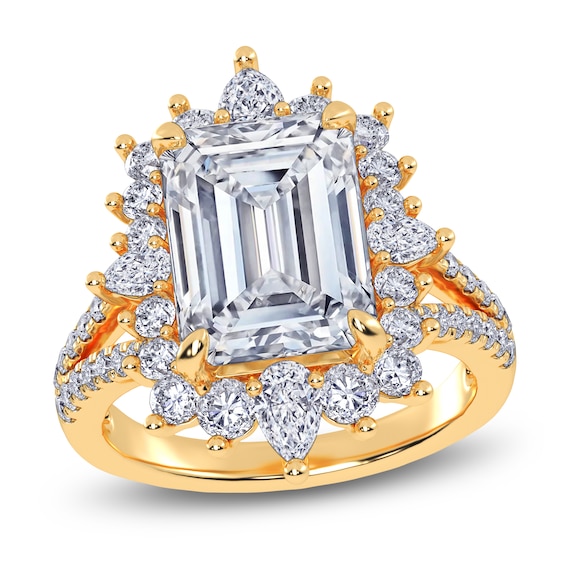 Emerald-Cut Lab-Grown Diamond Starburst Halo Engagement Ring 6 ct tw 14K Yellow Gold