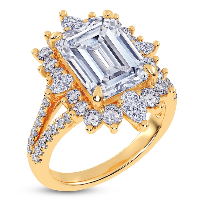 Main Image 2 of Emerald-Cut Lab-Grown Diamond Starburst Halo Engagement Ring 6 ct tw 14K Yellow Gold