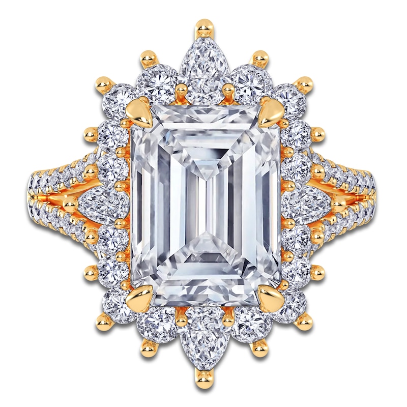Main Image 3 of Emerald-Cut Lab-Grown Diamond Starburst Halo Engagement Ring 6 ct tw 14K Yellow Gold