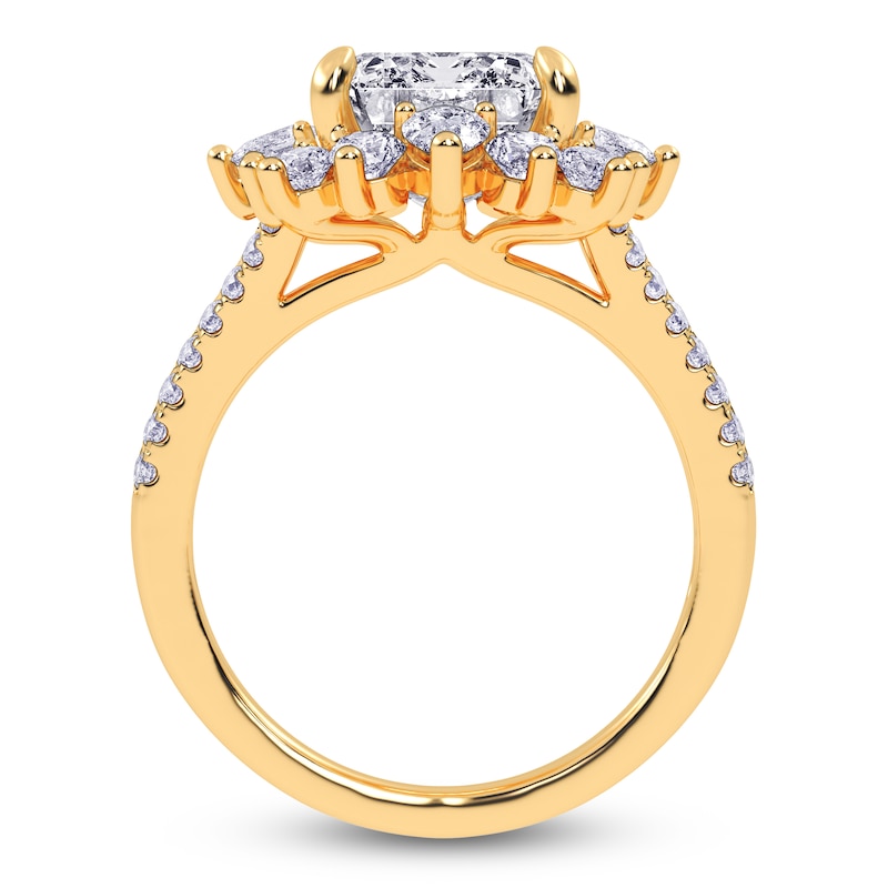 Main Image 4 of Emerald-Cut Lab-Grown Diamond Starburst Halo Engagement Ring 6 ct tw 14K Yellow Gold