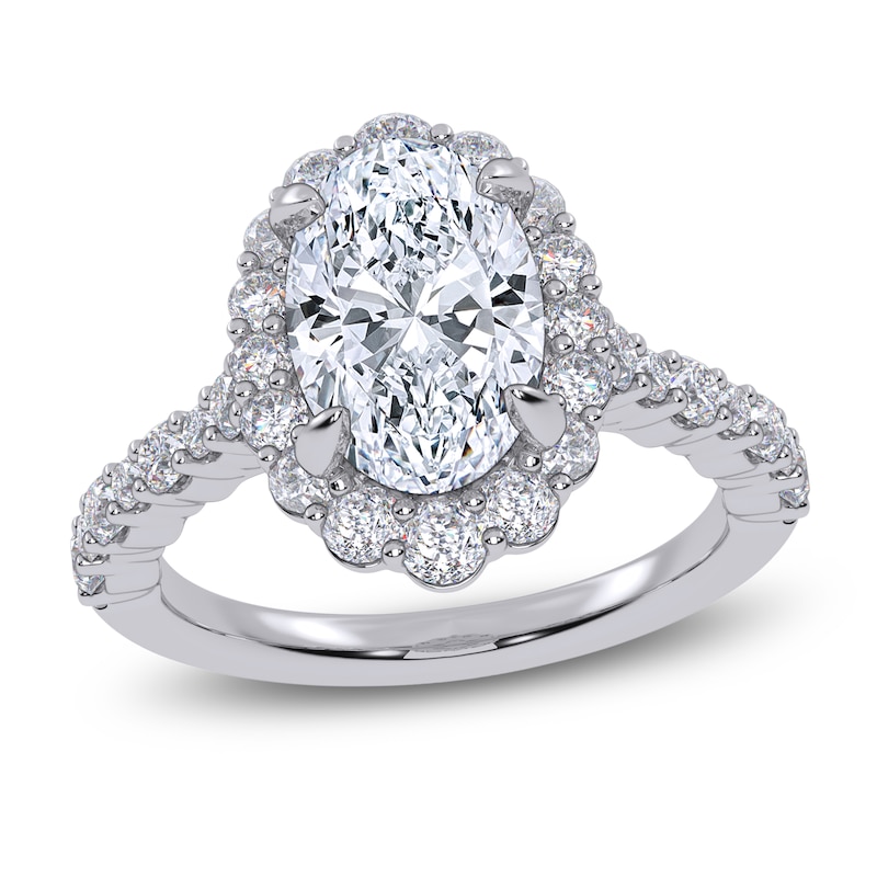 Main Image 1 of Oval-Cut Lab-Grown Diamond Scalloped Halo Engagement Ring 2-3/4 ct tw 14K White Gold