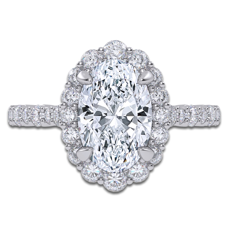 Main Image 3 of Oval-Cut Lab-Grown Diamond Scalloped Halo Engagement Ring 2-3/4 ct tw 14K White Gold
