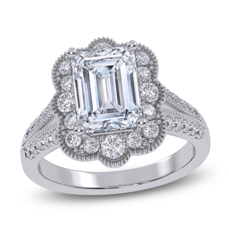 Main Image 1 of Emerald-Cut Lab-Grown Diamond Scalloped Halo Engagement Ring 2-1/2 ct tw 14K White Gold