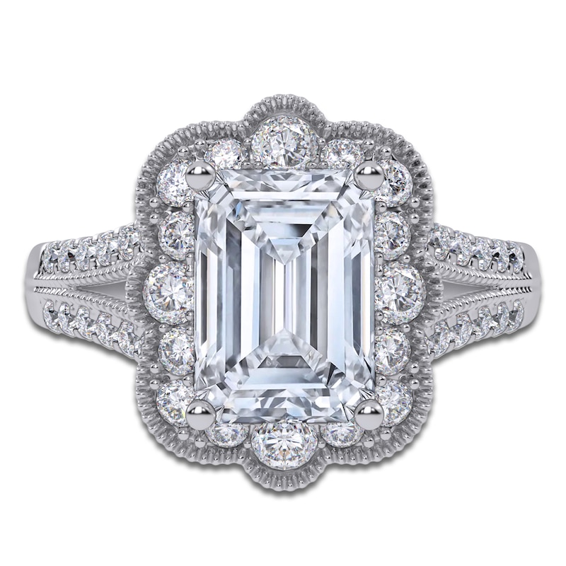 Main Image 3 of Emerald-Cut Lab-Grown Diamond Scalloped Halo Engagement Ring 2-1/2 ct tw 14K White Gold
