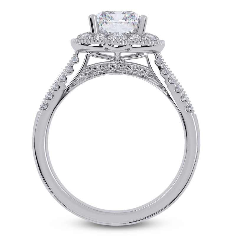 Main Image 4 of Emerald-Cut Lab-Grown Diamond Scalloped Halo Engagement Ring 2-1/2 ct tw 14K White Gold