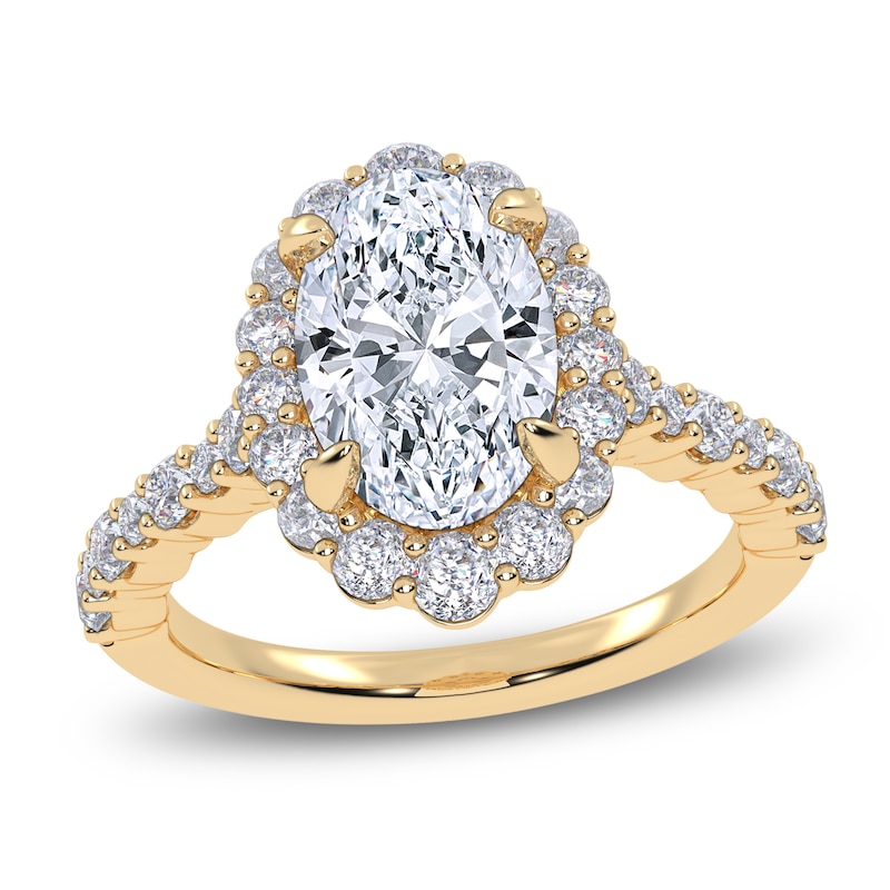Main Image 1 of Oval-Cut Lab-Grown Diamond Scalloped Halo Engagement Ring 2-3/4 ct tw 14K Yellow Gold