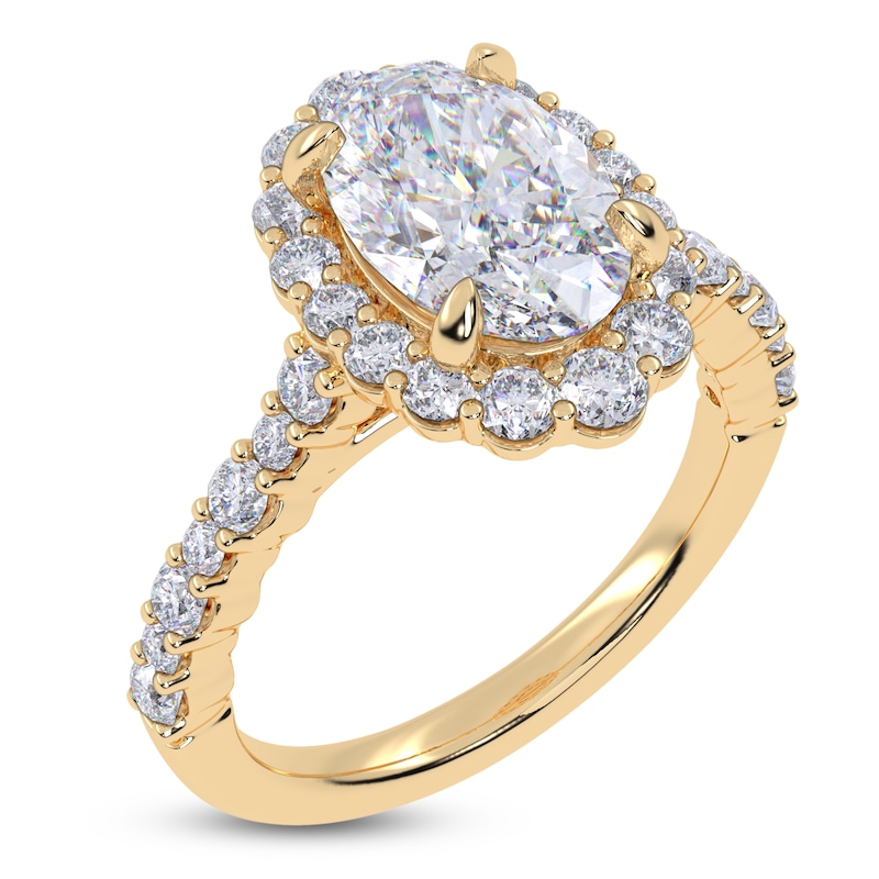 Main Image 2 of Oval-Cut Lab-Grown Diamond Scalloped Halo Engagement Ring 2-3/4 ct tw 14K Yellow Gold