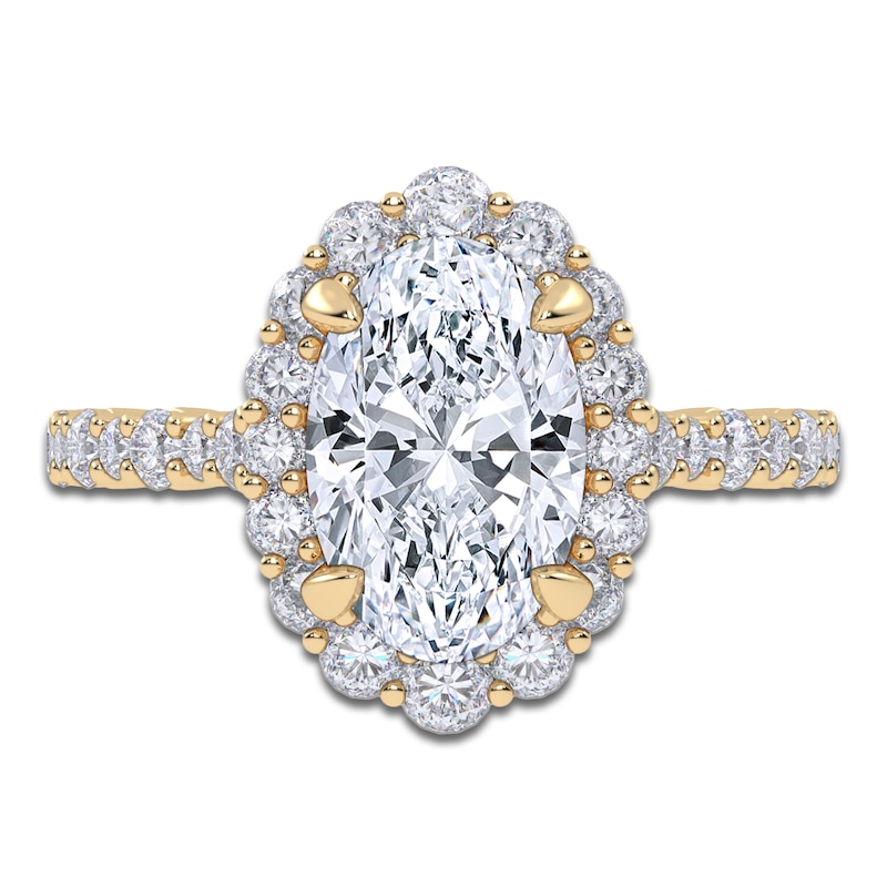 Main Image 3 of Oval-Cut Lab-Grown Diamond Scalloped Halo Engagement Ring 2-3/4 ct tw 14K Yellow Gold