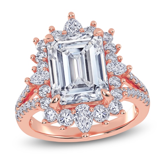 Emerald-Cut Lab-Grown Diamond Starburst Halo Engagement Ring 6 ct tw 14K Rose Gold