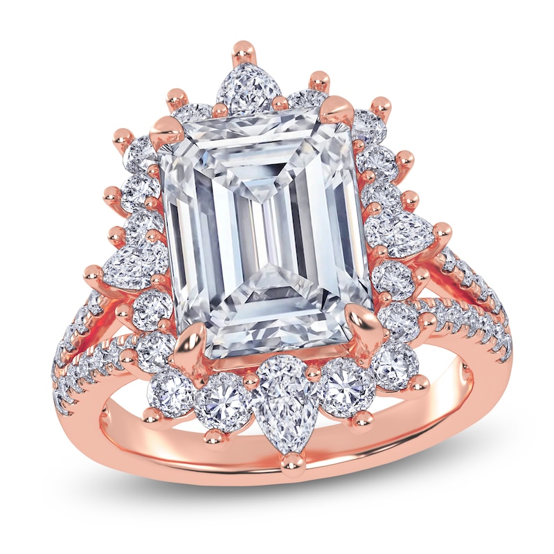 Main Image 1 of Emerald-Cut Lab-Grown Diamond Starburst Halo Engagement Ring 6 ct tw 14K Rose Gold