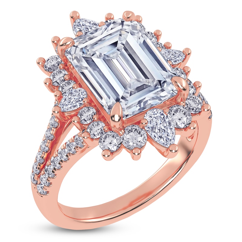 Main Image 2 of Emerald-Cut Lab-Grown Diamond Starburst Halo Engagement Ring 6 ct tw 14K Rose Gold