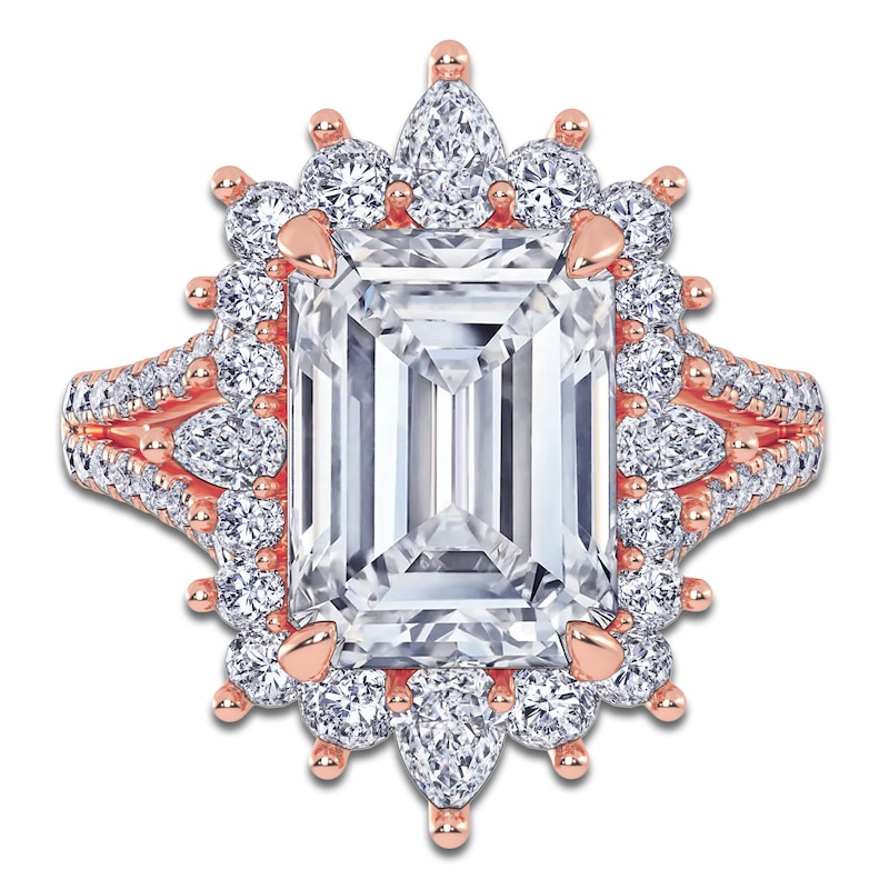 Main Image 3 of Emerald-Cut Lab-Grown Diamond Starburst Halo Engagement Ring 6 ct tw 14K Rose Gold