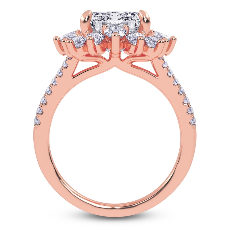 Main Image 4 of Emerald-Cut Lab-Grown Diamond Starburst Halo Engagement Ring 6 ct tw 14K Rose Gold