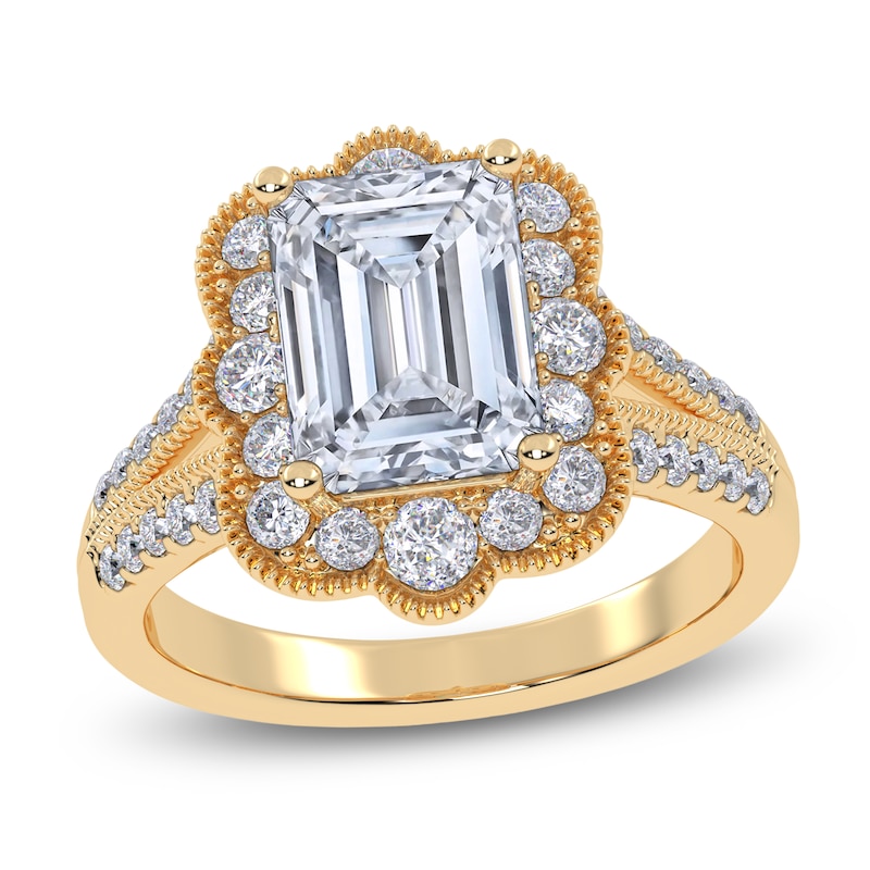 Main Image 1 of Emerald-Cut Lab-Grown Diamond Scalloped Halo Engagement Ring 2-1/2 ct tw 14K Yellow Gold