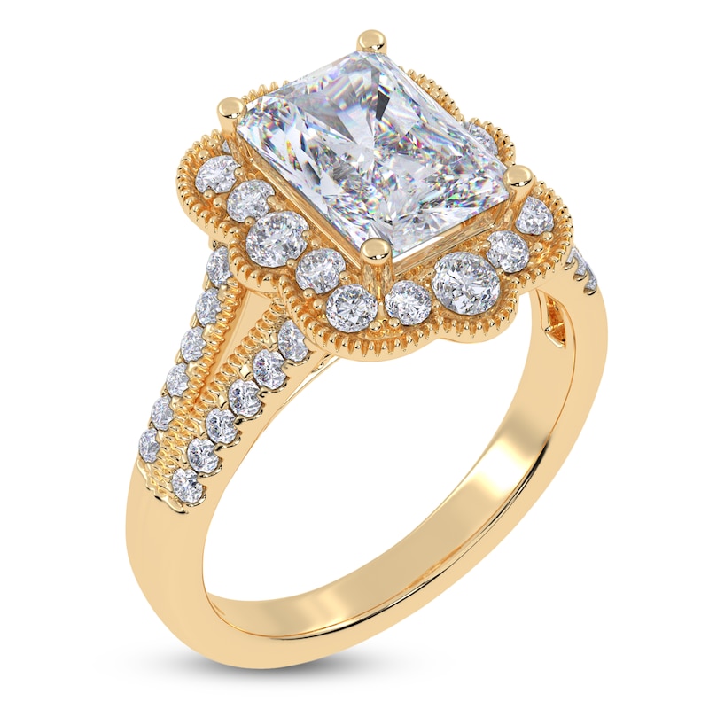 Main Image 2 of Emerald-Cut Lab-Grown Diamond Scalloped Halo Engagement Ring 2-1/2 ct tw 14K Yellow Gold