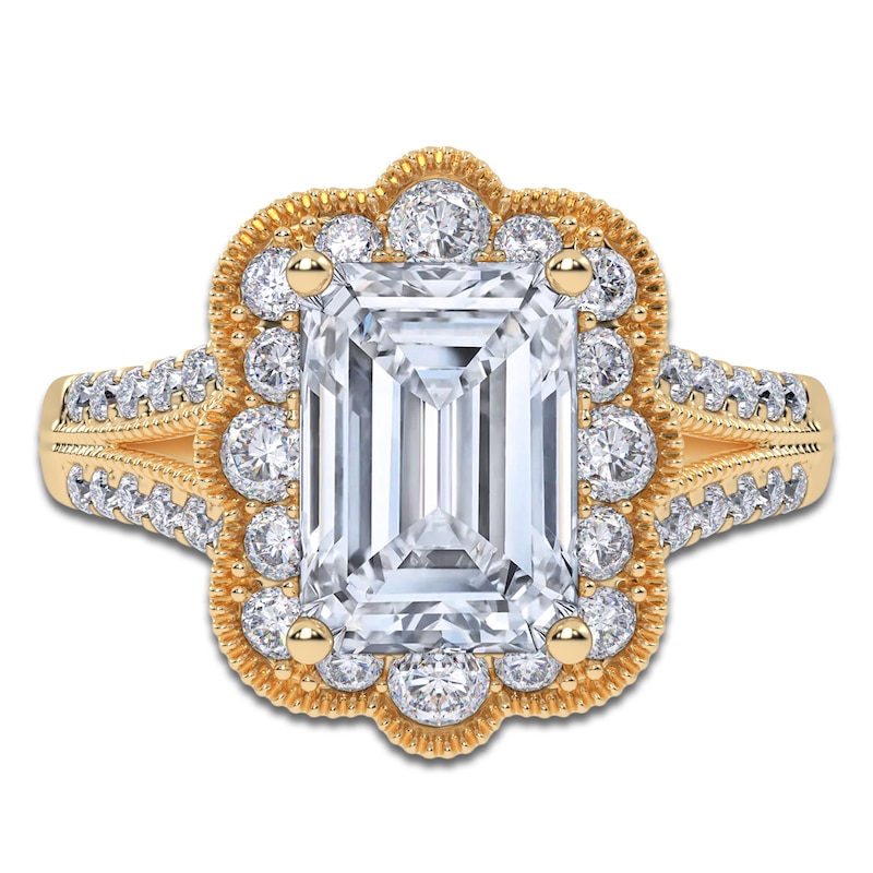 Main Image 3 of Emerald-Cut Lab-Grown Diamond Scalloped Halo Engagement Ring 2-1/2 ct tw 14K Yellow Gold