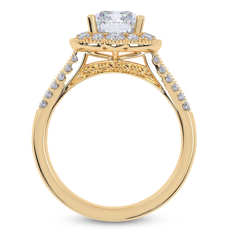 Main Image 4 of Emerald-Cut Lab-Grown Diamond Scalloped Halo Engagement Ring 2-1/2 ct tw 14K Yellow Gold