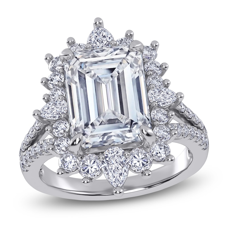 Main Image 1 of Emerald-Cut Lab-Grown Diamond Starburst Halo Engagement Ring 6 ct tw 14K White Gold