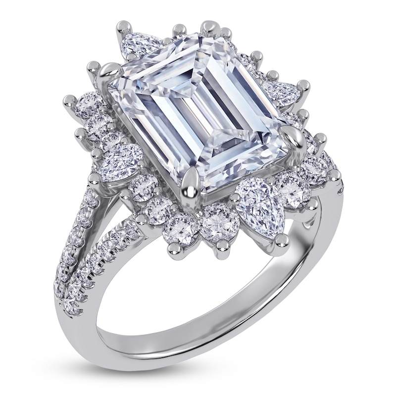 Main Image 2 of Emerald-Cut Lab-Grown Diamond Starburst Halo Engagement Ring 6 ct tw 14K White Gold