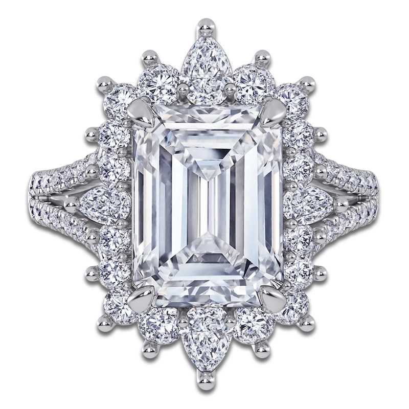 Main Image 3 of Emerald-Cut Lab-Grown Diamond Starburst Halo Engagement Ring 6 ct tw 14K White Gold