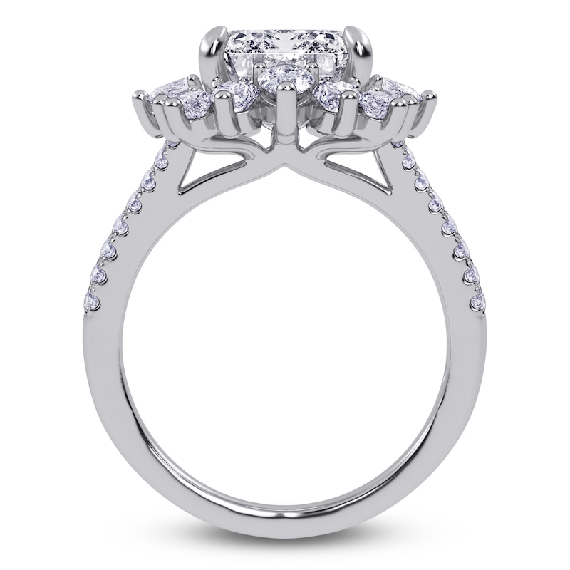 Main Image 4 of Emerald-Cut Lab-Grown Diamond Starburst Halo Engagement Ring 6 ct tw 14K White Gold