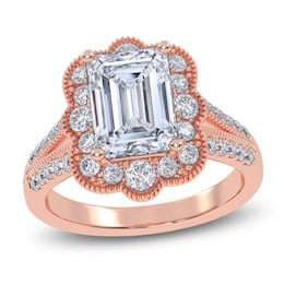 Emerald-Cut Lab-Grown Diamond Scalloped Halo Engagement Ring 2-1/2 ct tw 14K Rose Gold