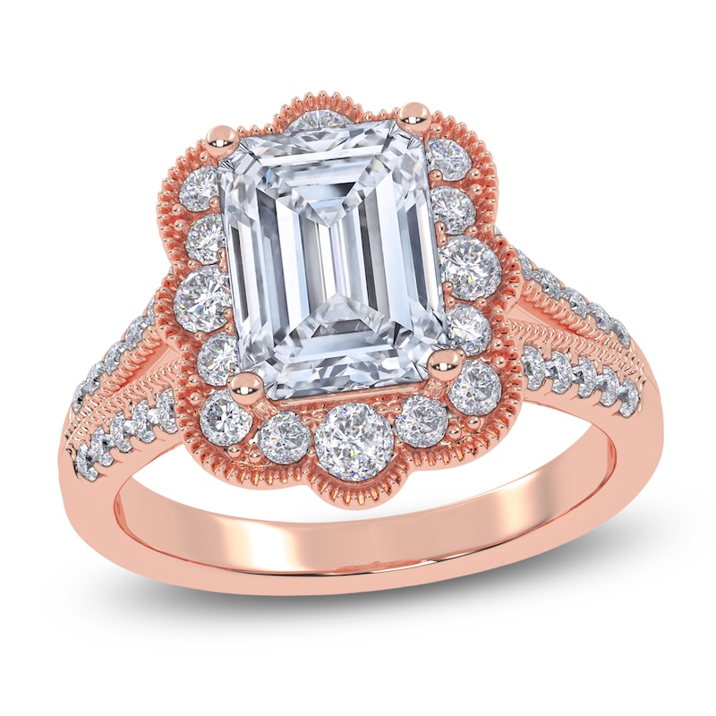 Main Image 1 of Emerald-Cut Lab-Grown Diamond Scalloped Halo Engagement Ring 2-1/2 ct tw 14K Rose Gold