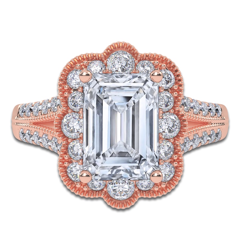 Main Image 3 of Emerald-Cut Lab-Grown Diamond Scalloped Halo Engagement Ring 2-1/2 ct tw 14K Rose Gold