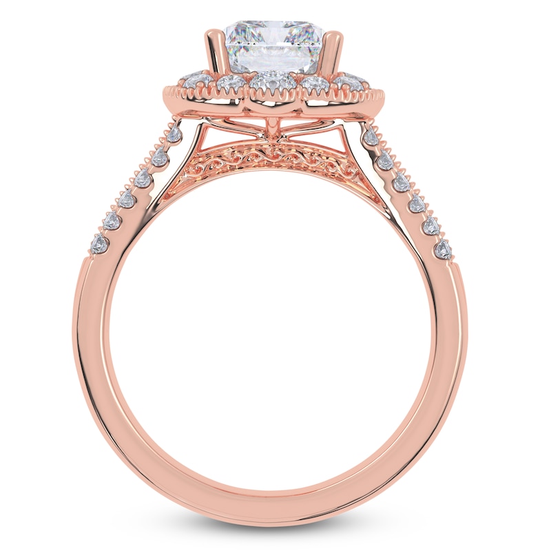 Main Image 4 of Emerald-Cut Lab-Grown Diamond Scalloped Halo Engagement Ring 2-1/2 ct tw 14K Rose Gold