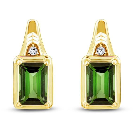Baguette-Cut Natural Brazilian Cruzeiro Tourmaline & Diamond Accent Earrings 14K Yellow Gold