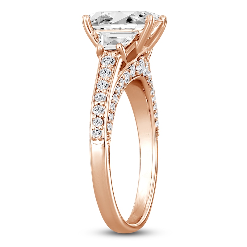 Main Image 2 of Emerald-Cut & Trapezoid-Cut Lab-Grown Diamond Three-Stone Engagement Ring 3 ct tw 14K Rose Gold