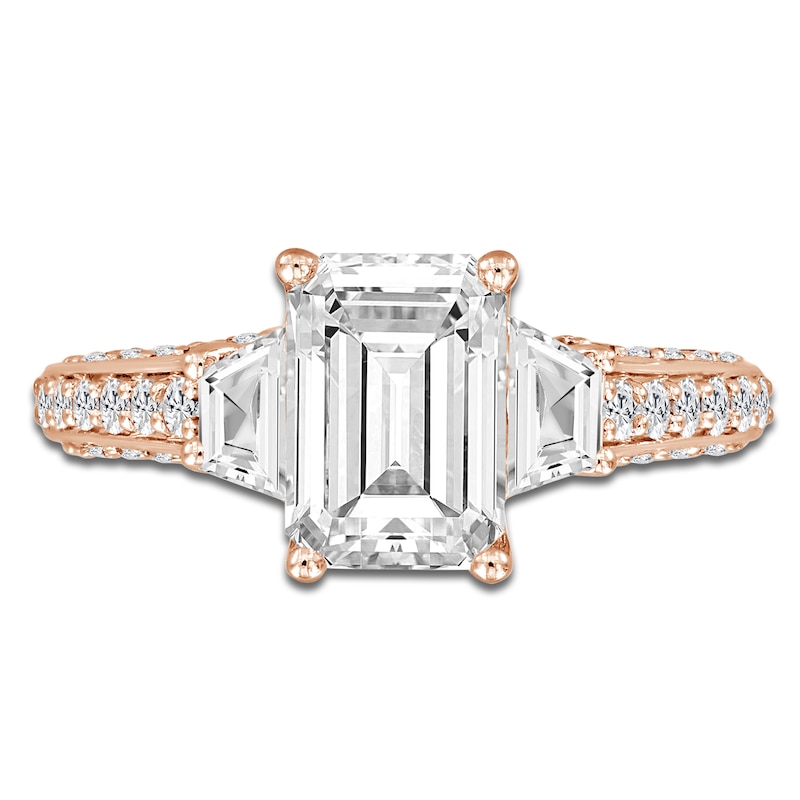 Main Image 3 of Emerald-Cut & Trapezoid-Cut Lab-Grown Diamond Three-Stone Engagement Ring 3 ct tw 14K Rose Gold