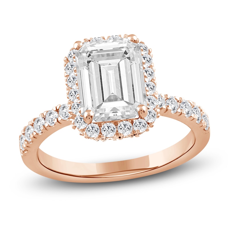 Main Image 1 of Emerald-Cut Lab-Grown Diamond Halo Engagement Ring 4 ct tw 14K Rose Gold