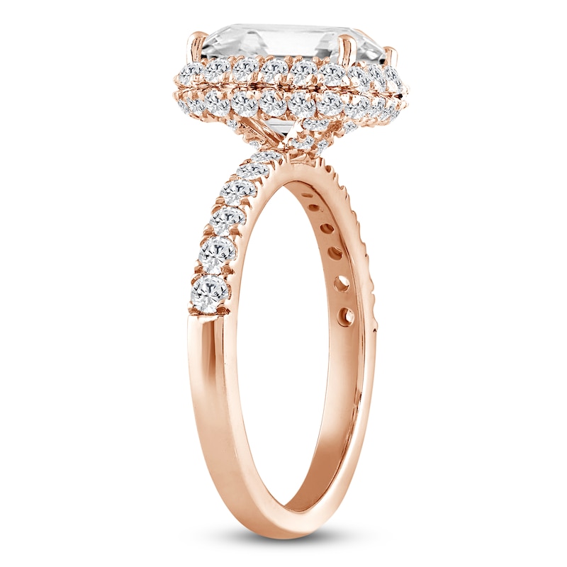 Main Image 2 of Emerald-Cut Lab-Grown Diamond Halo Engagement Ring 4 ct tw 14K Rose Gold