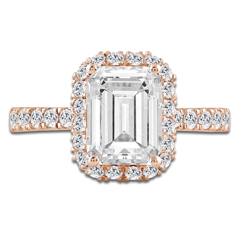 Main Image 3 of Emerald-Cut Lab-Grown Diamond Halo Engagement Ring 4 ct tw 14K Rose Gold