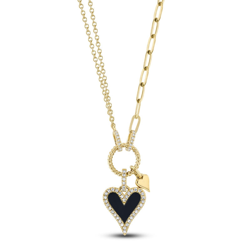 Shy Creation Natural Onyx Heart Pendant Necklace 1/8 ct tw Diamonds 14K Yellow Gold 18" SC55025146