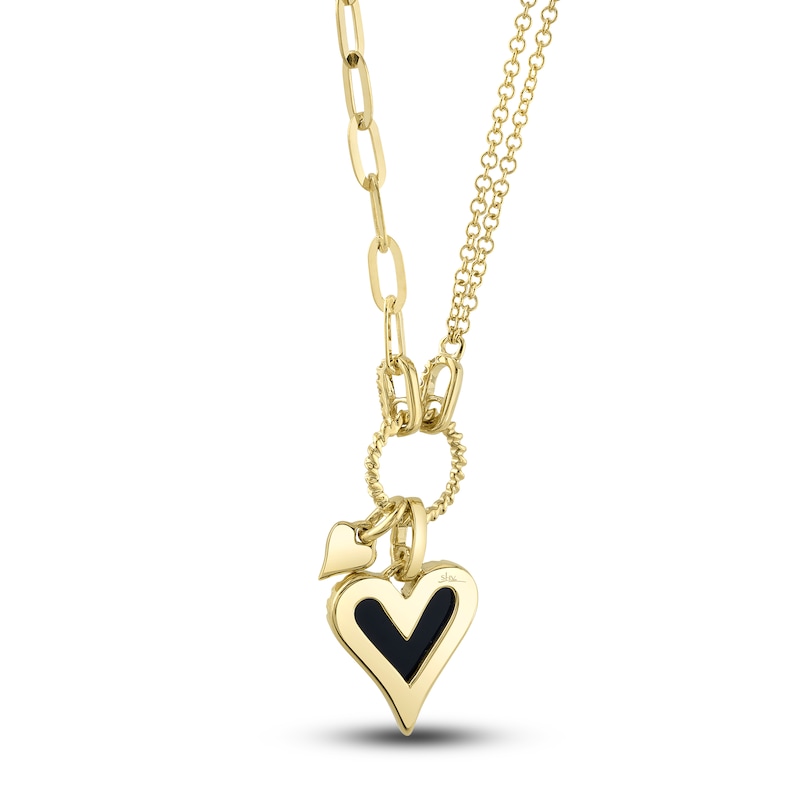 Shy Creation Natural Onyx Heart Pendant Necklace 1/8 ct tw Diamonds 14K Yellow Gold 18" SC55025146