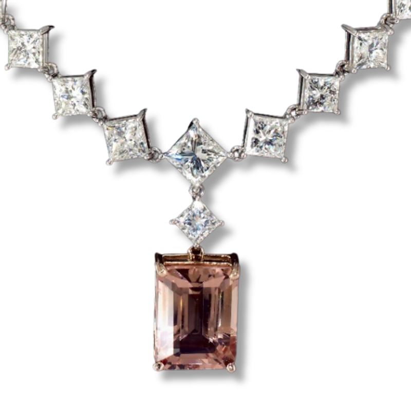 Jared Atelier Natural Rectangle-Cut Morganite & Diamond Necklace 40-1/4 ct tw Platinum 17"