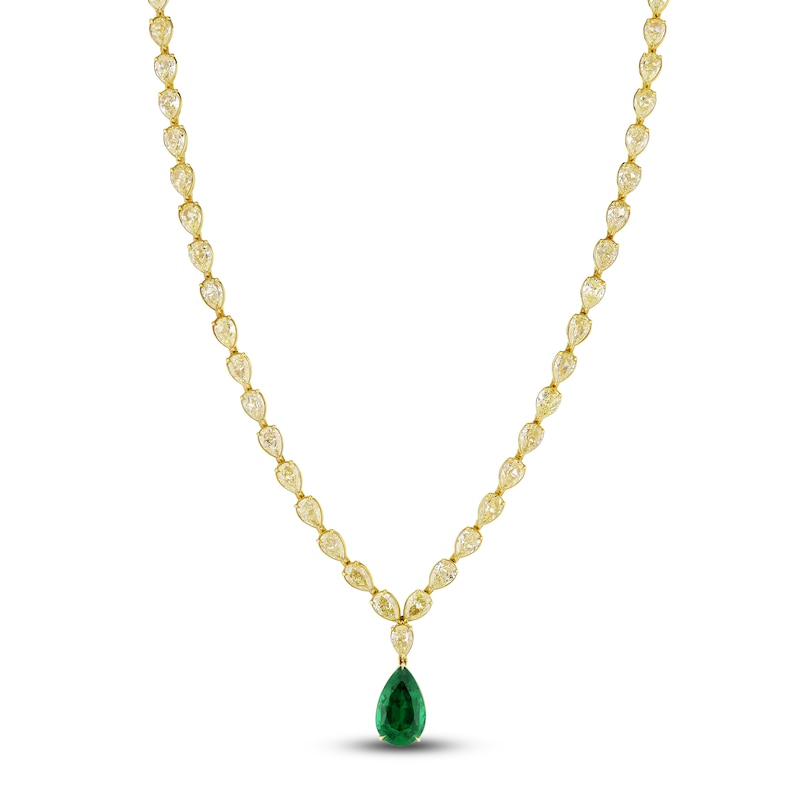 Jared Atelier X Shy Pear-Shaped Natural Emerald & Diamond Tennis Necklace 28-1/3 ct tw 18K Yellow Gold 17"
