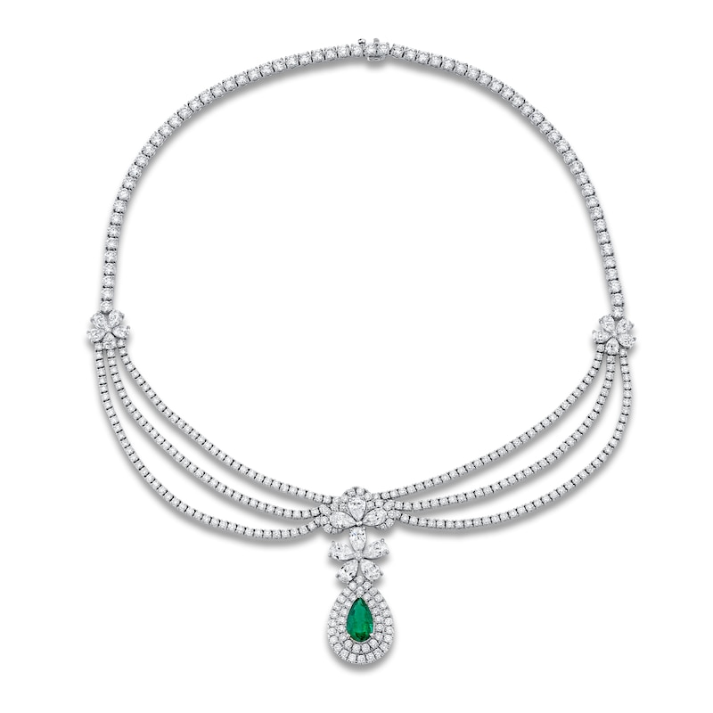 Jared Atelier X Shy Pear-Shaped Natural Emerald & Diamond Necklace 27-5/8 ct tw 18K White Gold 17"