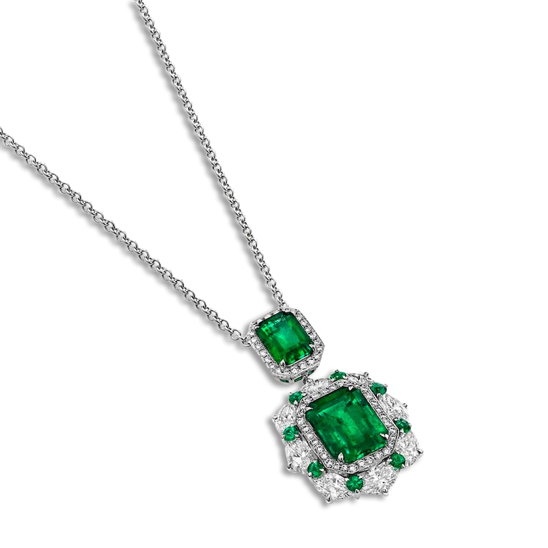 Natural Emerald Pendant Necklace 2-1/5 ct tw Diamonds 18K White Gold